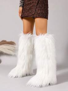 女士冬季过膝雪地靴保暖蓬松内衬防水毛绒保暖内衬时尚雪地靴 - 白色 - 查看 5