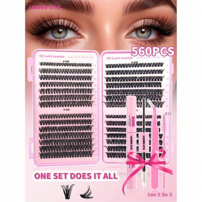 Home Eyelash Extension Kit - 560pcs Mixed Cluster & Wispy Lashes, D Curl 9-16mm Mixed Length, Adhesive & Sealant, Achieve Salon-Level Results In Minutes