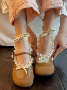 1pair White Ballet Shoes Socks For Women With Lace Tie Short Socks,Japanese Style, Fall - White - View 11