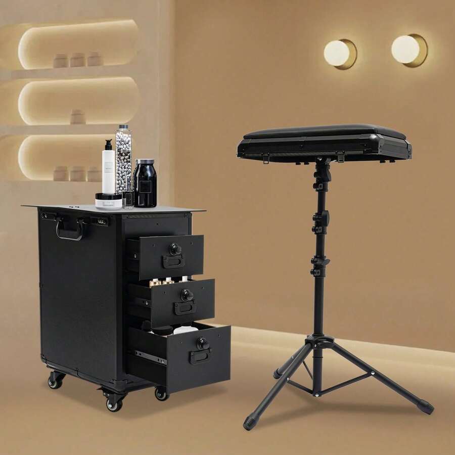 SENDERPICK Trolley per cosmetici con braccioli, trolley per tatuaggi con 3 cassetti, trolley per trucco professionale, tavolo per tatuaggi, espositore per cosmetici, attrezzatura per tatuaggi, trolley per unghie da donna con ruote - trasparente - Visualizzare 1