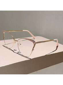 1 Pair Of Women's New Cat Eye Shaped Flat Glasses Fashionable Light Luxury Metal Frame  Retro Pink Glasses - 紅金色 - 查看 6