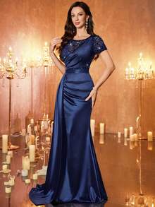 MIUSOL Vestido de fiesta maxi con contraste de encaje con lentejuelas, cuello redondo de satén, cintura ajustada, drapeado lateral asimétrico, elegante vestido de fiesta para mujeres, vestido de noche formal, vestido de graduación, para invitados de boda, cena