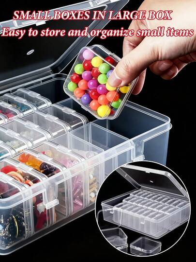 耐用塑料首饰收纳盒套装，带小型储物盒 - 长方形，可收纳珠子、首饰和配饰 - 非常适合DIY首饰收纳，是情人节和女士的理想礼物，首饰盒