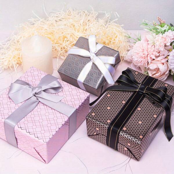 10ft X 17in Rose Gold Geometric Gift Wrapping Paper - Foil Plaid Paper, Suitable For Birthday, Valentine's Day, Mother's Day, Wedding, Christmas - Pink, Gray, Black Patterns - Per Roll