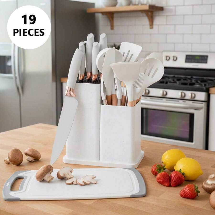 [19 Piece KITCHEN UTENSILS SET]Kitchenware Utensils And Knife Set,Practical Kitchen Accessories Includes 9 Piece Non-Stick Silicone Cooking Utensils- 5 Piece Sharp Stainless Steel Chef Knives- Scissors -Whisk Tongs And Cutting Board ,Kitchen Utensil Set Be Your Kitchen Assistant,Kitchen Essential- Great For Chefs, Bakers, Pastry Chefs, Or Amateurs. Best For Stirring, Scraping, Folding, Cooking, And Steaming All Kinds Of Food,Room Decor. It's A Thoughtful And Practical Present For Any Cooking Enthusiast,Christmas Gift For Home Chefs • New Year's Culinary Upgrades - 白色 - 查看 1