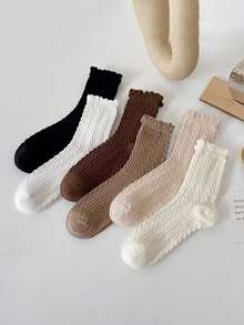 6 Pairs Women's Fashion Sweet Cable Knit Solid Color JK Style Breathable Mid-Calf Socks