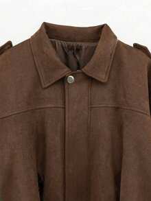 大码蝙蝠袖外套，拉链设计，银色纽扣，褶裥下摆，女士时尚柔软面料长袖街头风宽松轻薄外套，适合春秋季穿着 - 棕色 - 查看 8