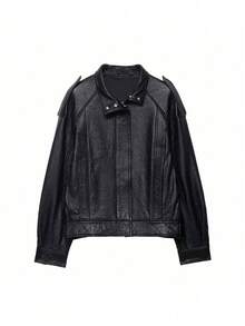 Seelio Autumn/Winter New Women's Fashion European And American Style Drop Shoulder Textured Faux Leather Jacket - Black - View 1