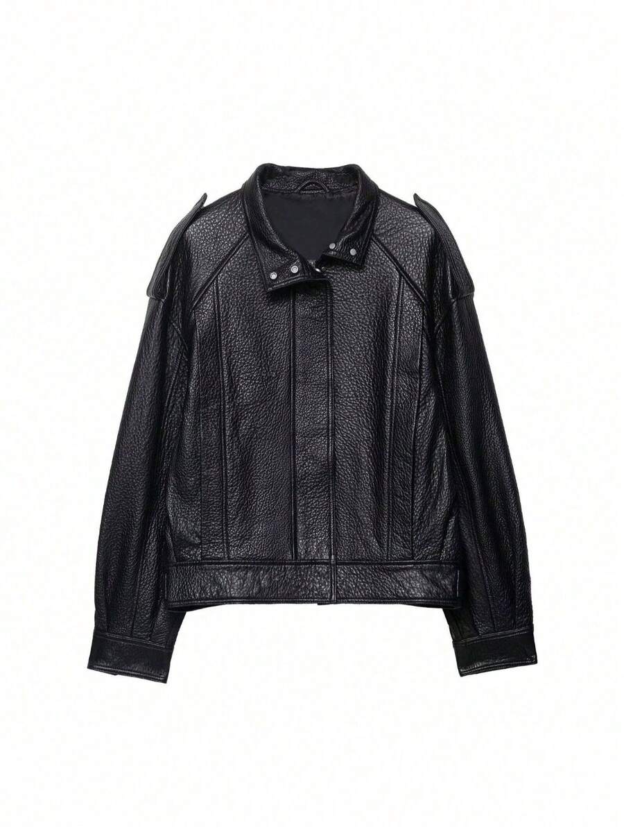 Seelio Autumn/Winter New Women's Fashion European And American Style Drop Shoulder Textured Faux Leather Jacket - Black - View 1