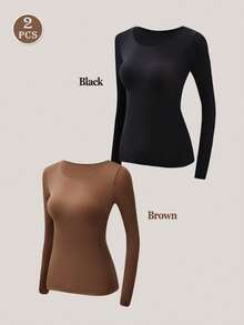 2件装女士无缝黑色上衣，超薄纯色保暖内衣，舒适长袖圆领无缝打底衫，修身高弹米色打底衫，透明上衣，休闲纯色轻薄保暖，适合秋冬季节，轻薄基础打底衫，时尚日常穿着，内衣睡衣 - 彩色 - 查看 7