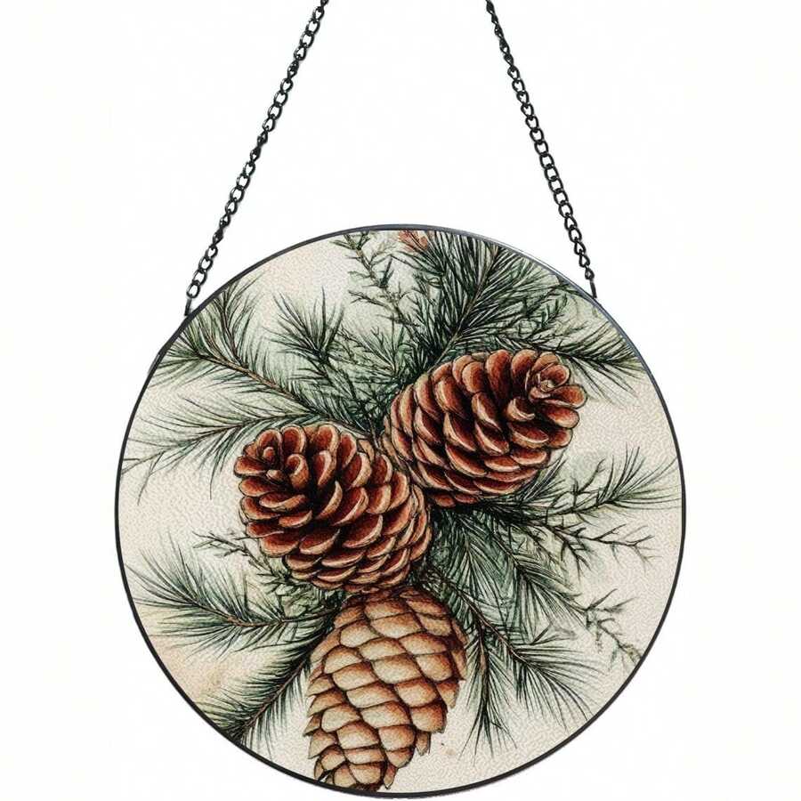 One Stained Glass Window Ornament - Pine Cones And Branches, Natural Plant Elements, A Retro Museum Illustration Style Sun Catcher, Suitable For Porch, Garden, And Home Decoration. A Beautiful Hanging Ornament, A Perfect Birthday Gift For Lovers, Ladies, Gentlemen, Fathers, Mothers, And Grandmothers To Commemorate Precious Memories. - 彩色 - 查看 1