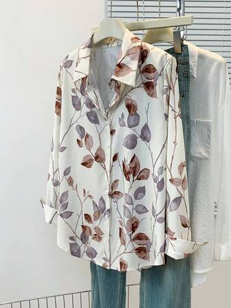 Vintage Women's Leaf Print Shirt, French Collar Design, Suitable For Commute, Casual, Everyday And Holiday Wear, Autumn/Winter