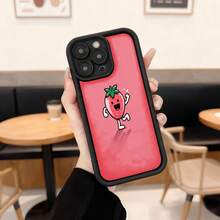 Cubierta de teléfono con borde negro y cuerpo rojo con estampado de fresa animada feliz para uso diario en cafeterías y salas de estar Aplicable a los teléfonos de la serie Apple y Galaxy - Blanco - Ver 1