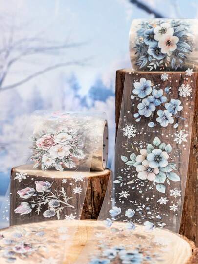 1 Roll Winter PET Die-Cut Washi Tape, Floral Series, Suitable For Gifts, Office, Home, Marking, Labels, Classroom, Toys, Student Planner, Creative Vintage Decoration DIY Stickers