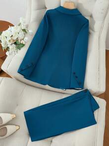 Solid Color Single Button Long Sleeve Single-Breasted Waistcoat Suit Pants Two-Piece Set - Blue - View 2