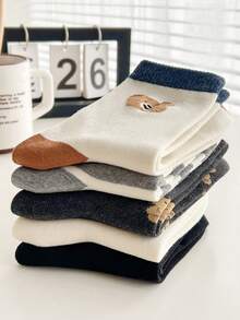 2/5双装女士黑白灰拼接袜，双层植绒泰迪熊条纹拼接设计，透气针织面料，休闲百搭可爱中筒袜，适合春夏情侣穿着，居家、通勤、约会、上学、节日送礼皆宜。 - 彩色 - 查看 7