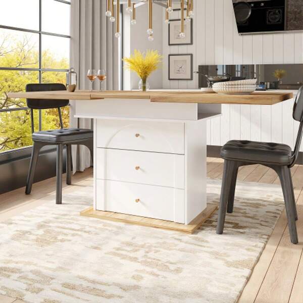 Telescopic Dining Table (110-140*80cm), Foldable Kitchen Table For 4-6 People, Extendable Dining Table, Space-Saving Kitchen Table, For Kitchen And Living Room, Minimalist Cabinet Door Design, White