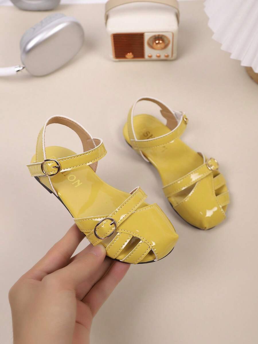 儿童时尚户外凉鞋夏季方头平底鞋系带凉鞋新款女童鞋时尚沙滩拖鞋 - 黃色 - 查看 1