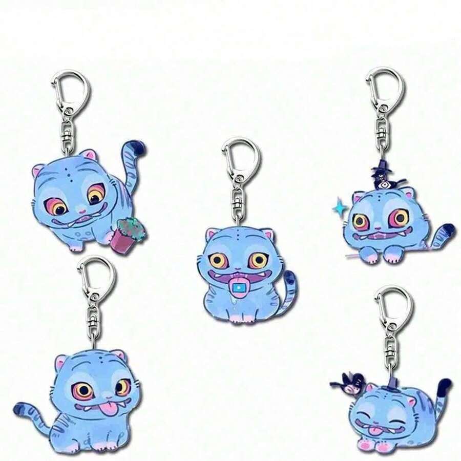 Mattel K-POP Wish Hunters Cute Cartoon Blue Cat Acrylic Keychain Set (5 Pcs), Chibi Anime IP Series Merchandise Bag Charm Accessories, Fun Collectible For Teens & Adult Fans, Back-To-School Holiday Birthday Gift - Multicolor - View 1