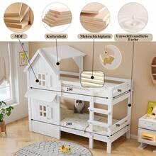 Children's Bunk Bed 90x200 Cm, Design With Windows And Roof, Side Rails And Straight 3-Step Ladder, Stabilized Slatted Base, Pine, MDF And Plywood Frame, White - White - View 6