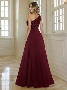 HOMEYEE 女士亮片网纱拼接性感开衩休闲度假优雅晚礼服，长款紧身派对礼服，适合春季婚礼穿着 - 酒紅色 - 查看 2