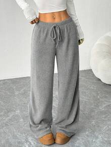 Plus Size Solid Color Warm Fleece Feeling Wide Leg Straight Pants, Loose Casual Long Trousers For Women, Suitable For Daily Wear & Home, Autumn/Winter - Silver - View 2