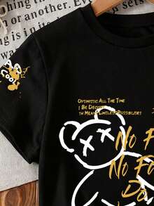 小男孩卡通熊图案圆领短袖休闲T恤 - 黑色 - 查看 3