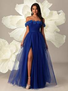 VIPGIRL Vestido de noche elegante de gasa azul real con hombros descubiertos, decorado con volantes florales y abertura alta - Vestido de gala formal para ocasiones especiales - azul real - Ver 4