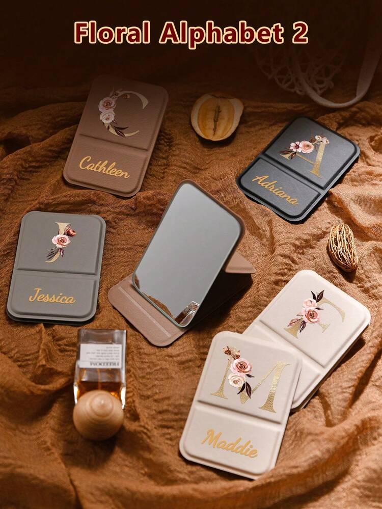1pc Personalized Name Makeup Mirror Gift, Customizable Small Mirror With Name, Foldable Makeup Mirror, Travel Makeup Mirror, Gift For Her, Portable Floral Letter Makeup Mirror, Customizable Text Foldable Travel Mirror, Suitable As A Gift, Travel Essential - Multicolor - View 5