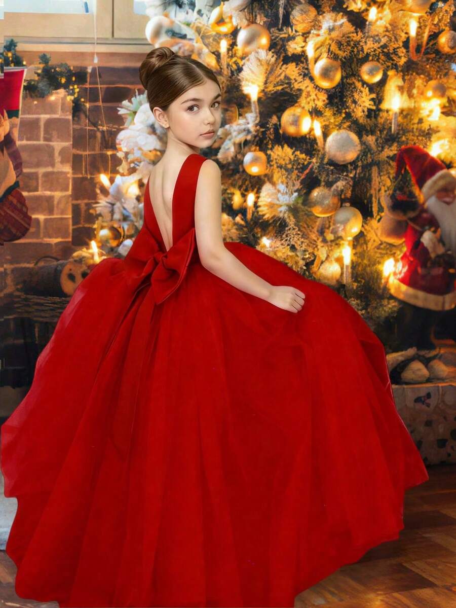 青少年女孩优雅仿珍珠蝴蝶结薄纱红色连衣裙，适合婚礼、生日派对、舞会、毕业典礼、圣诞节、节日 - 紅色 - 查看 1