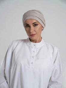 2pcs Set: Solid Color Simple Base Headscarf Hat + 1 Pleated Button Forehead Headband, Moisture-Wicking Breathable Chemo Cap With Matching Non-Slip Pleated Button Headband, Comfortable Soft Fabric, Suitable For Daily Outdoor, Yoga, Sports Wear - Gray Beige - View 4