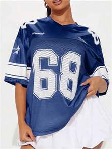 قميص كاجوال قصير الأكمام من الشبك والرقعة بطراز رجعي للنساء، قميص رياضي بتصميم يونيفورم