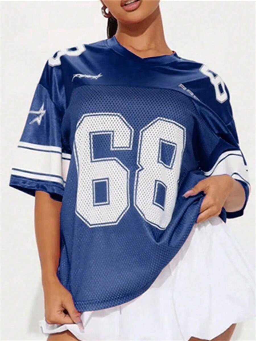 قميص كاجوال قصير الأكمام من الشبك والرقعة بطراز رجعي للنساء، قميص رياضي بتصميم يونيفورم