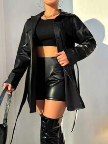 Chaqueta informal de cuero sintético con solapa y manga larga para mujer con cinturón - Negro - Ver 3