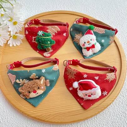Christmas Pet Bandana Collar Set Holiday-Themed Cat And Dog Bandanas Featuring Santa Claus, Snowmen, And Reindeer Designs Adjustable Festive Pet Accessories Winter Christmas Outfits