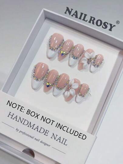 10 Unhas Postiças Acrílicas Artesanais com Laço Branco e Centro Transparente, Formato Amêndoa, Curtas, com Efeito Floral 3D, Ferramentas para Unhas Postiças para Casamento, Aniversário, Festa, Estilo Francês Fofo