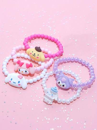 Set Perhiasan Anak Sanrio 5pcs/Set Gelang Manik-Manik dengan Karakter My Melody, Kuromi, Cinnamoroll, Pompompurin, Cinnamo, Cocok untuk Anak Perempuan, Sahabat, Pemakaian Sehari-hari, Sekolah, Hadiah Ulang Tahun