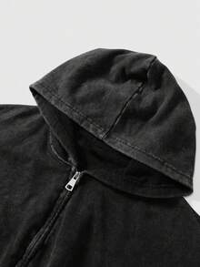 Men's Washed Drop Shoulder Zip-Up Casual Hoodie, Autumn - Black - View 3