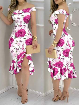 ChicMe Women Floral Print Off Shoulder Bodycon Midi Dress Slim Fit Ruffle Hem Slit Dress Elegant Party Cocktail Date Outfit