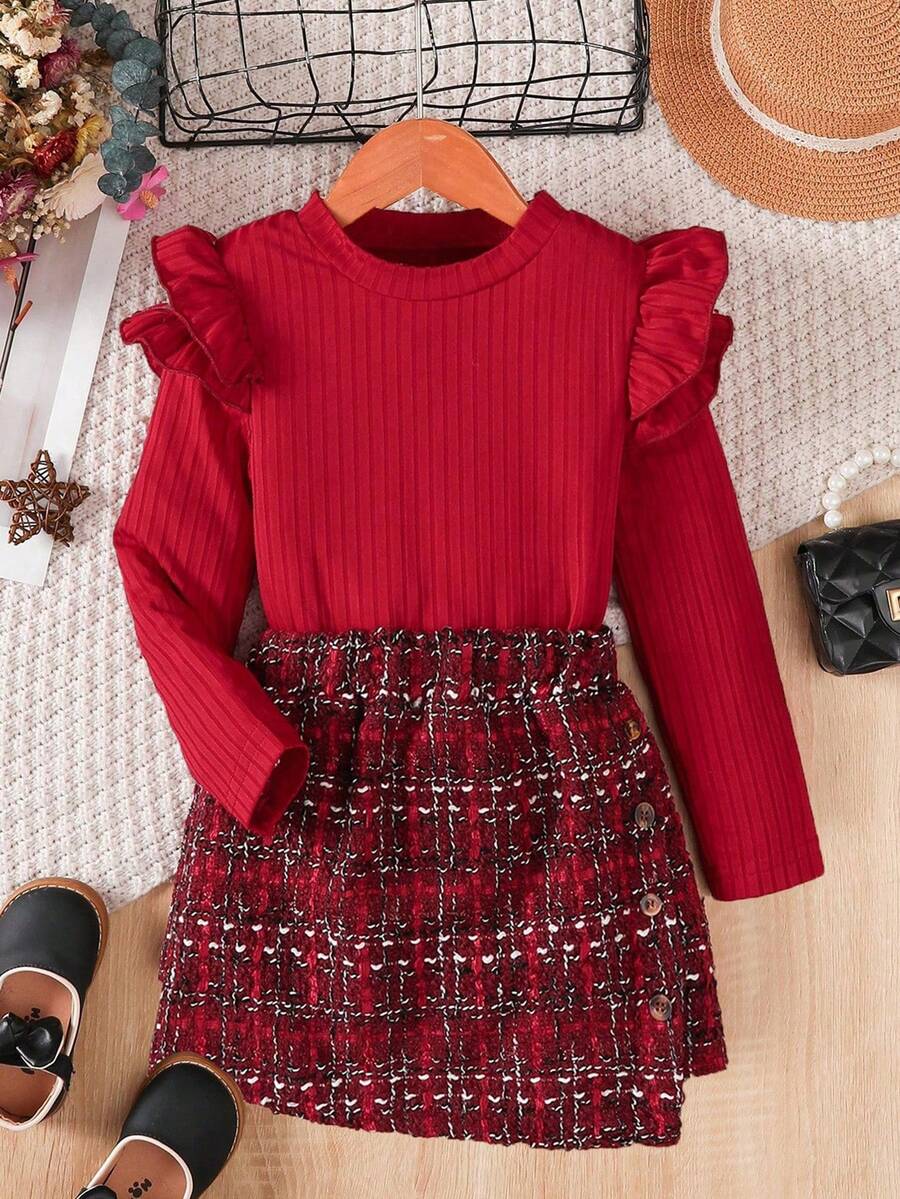 2pcs/Set, Ruffle Trim Long Sleeve Top + Tweed Knit Skirt - Spring/Autumn Outfit, Girls Set, Gift, Teen Clothing - Red - View 1