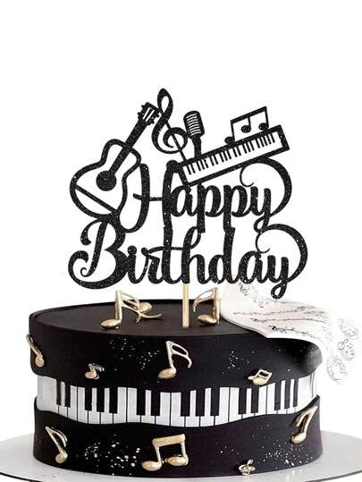 1pc Black Music Happy Birthday Cake Topper, Birthday Theme Cake Decoration Picks, Guitar & Piano Music Theme Birthday Party Cake Toppers