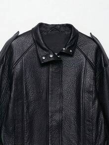 Seelio Autumn/Winter New Women's Fashion European And American Style Drop Shoulder Textured Faux Leather Jacket - Black - View 3