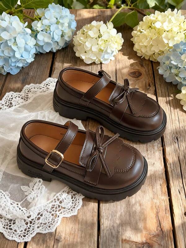 Girls Mary Jane Dress Shoes Bow Strap Thick Sole School Uniform Flats For Daily Wear