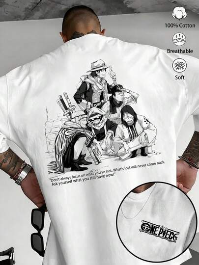 1 pièce T-shirt 100% coton avec éléments de dessin animé/anime, style universitaire unisexe, convenant pour toutes les saisons. Imprimé de dessin animé/lettres, col rond, manches courtes, coupe décontractée ample, t-shirt graphique pour les fans d'anime