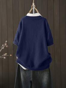 Plus Size Women Loose Fit Round Neck Drop Shoulder Sweater, Autumn/Winter - Royal Blue - View 2