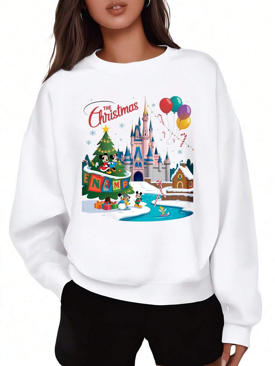 Disney Oversized Sweatshirt Black Mickey Mouse Christmas Castle Balloons And Snow Scene Holiday Party Wear - 白色 - 查看 1