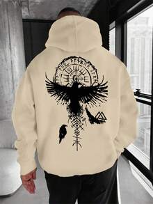 Sudadera con capucha de hombre azul marino con estampado geométrico de cuervo - Diseño de cordón ajustable, bolsillo canguro,% poliéster, lavable a máquina, ajuste regular, suéter casual de cuatro estaciones, moda urbana, patrón llamativo, sudadera cómoda, sudadera impresa, ropa de estar, estilo urbano, tela de poliéster, cómoda de usar - Negro - Ver 11
