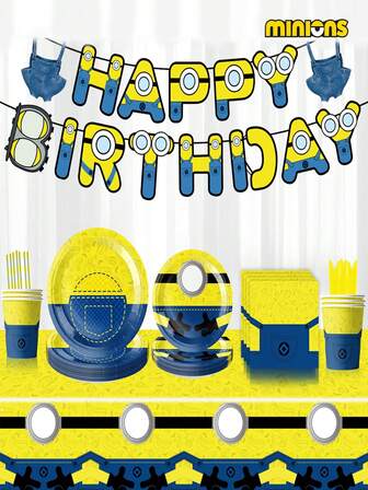 Minions 卡通派对餐具套装包含餐盘、纸巾、纸杯、小旗子、桌布及其他用品，适用于生日派对、圣诞节、万圣节、开学典礼、感恩节、聚会等各种场合。圣诞装饰 冬季房间装饰 圣诞家居装饰 圣诞礼物 圣诞装饰