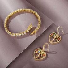 MDFUN 1 Peça Conjunto de Pulseira de Pedra de Zircônia Dourada Fashionable & Versátil de 4,0 mm + Brincos de Árvore da Vida de Coração Oco de Zircônia, Adequado para Uso Diário de Mulheres, Presente de Natal