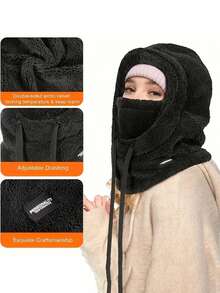 1 szt. Zimowa pluszowa czapka zimowa z maską chroniącą przed zimnem – zapięcie na elastyczny sznurek, lekka, ciepła bluza do jazdy na rowerze, narciarstwa i sportów na świeżym powietrzu, jednokolorowa czapka z kapturem i polarową wiatroszczelną ochroną słuchu, unisex, dostępna w 4 kolorach